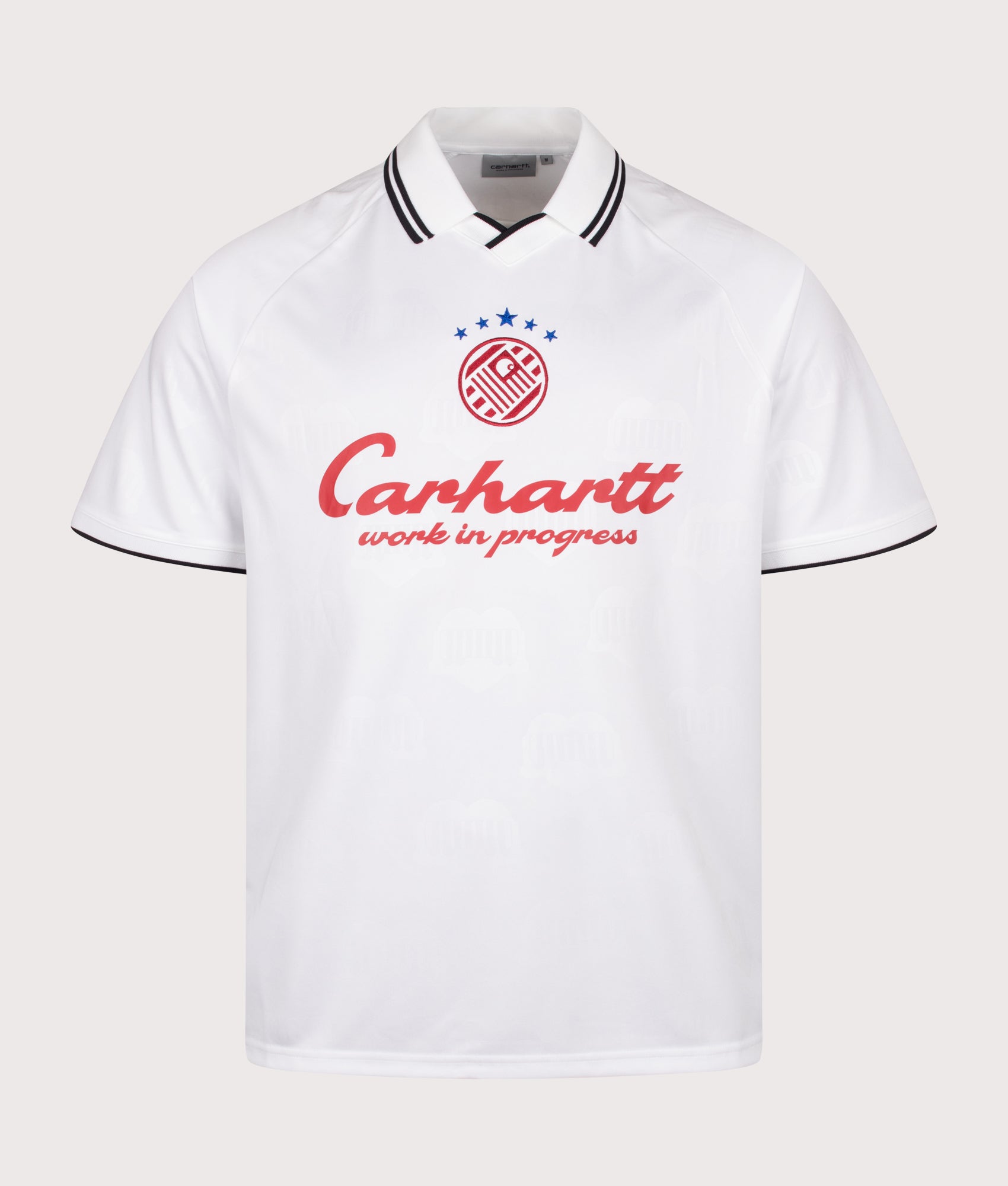 Carhartt WIP Loose Fit Terrace Football T-Shirt in Heart Train Jacquard and White at EQVVS Menswear. Front shot.