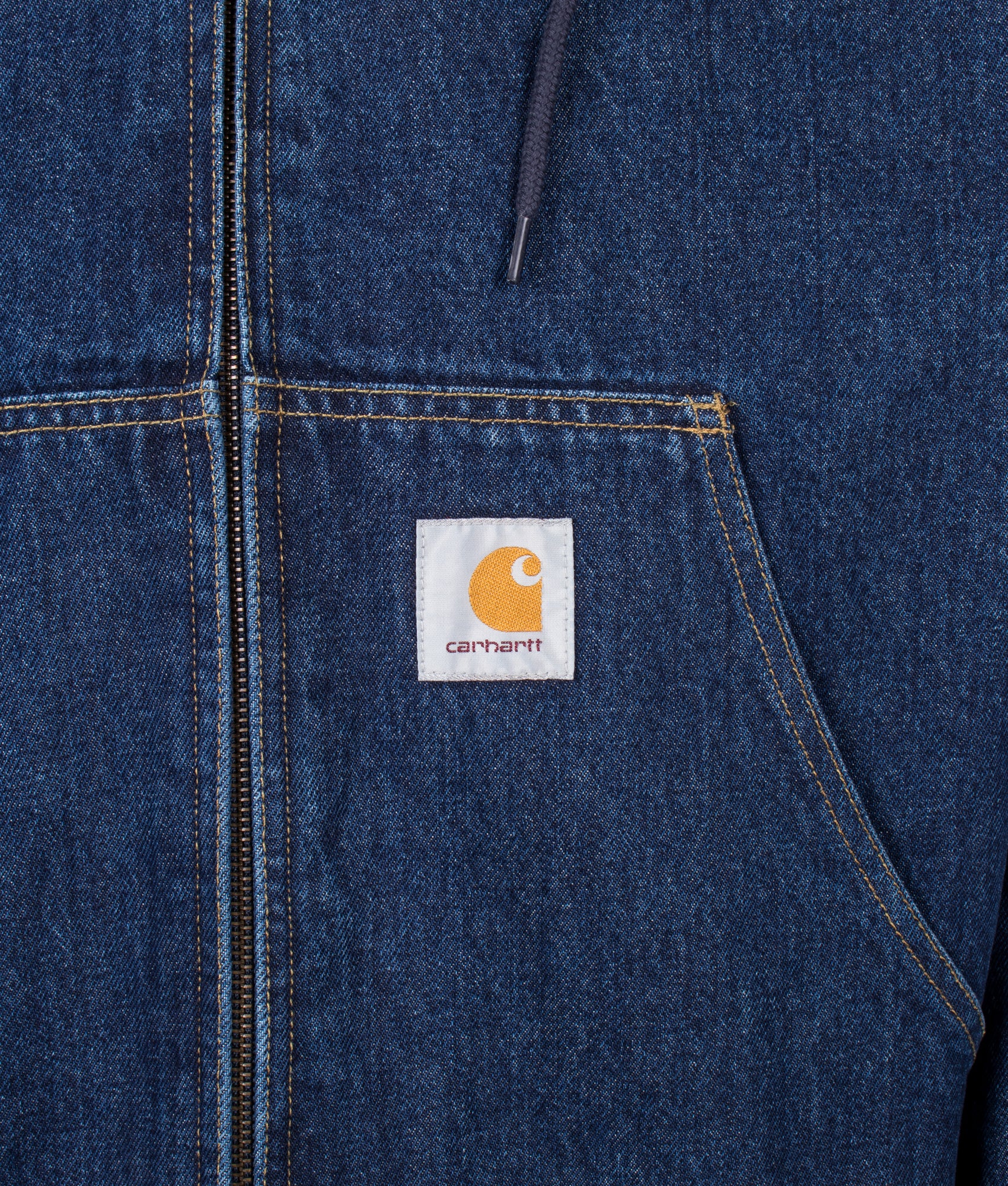 Carhartt WIP Loose Fit OG Active Jacket in Blue Stone Washed at EQVVS Menswear. Detail shot.