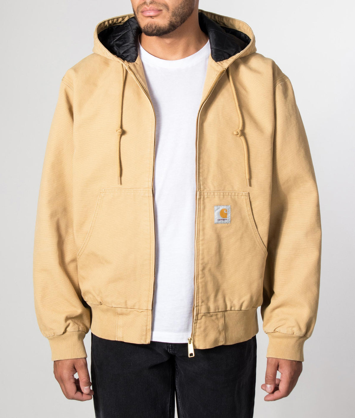 Carhartt WIP Loose Fit OG Active Jacket  in WIP Dusty H at EQVVS Menswear. Model front shot.