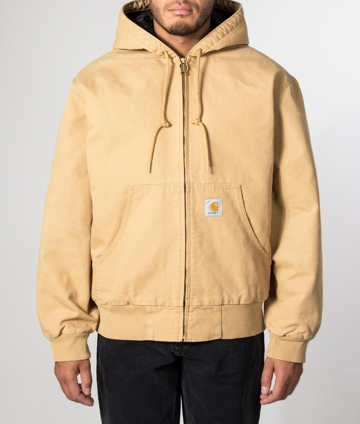 Carhartt WIP Loose Fit OG Active Jacket  in WIP Dusty H at EQVVS Menswear. Model front shot.