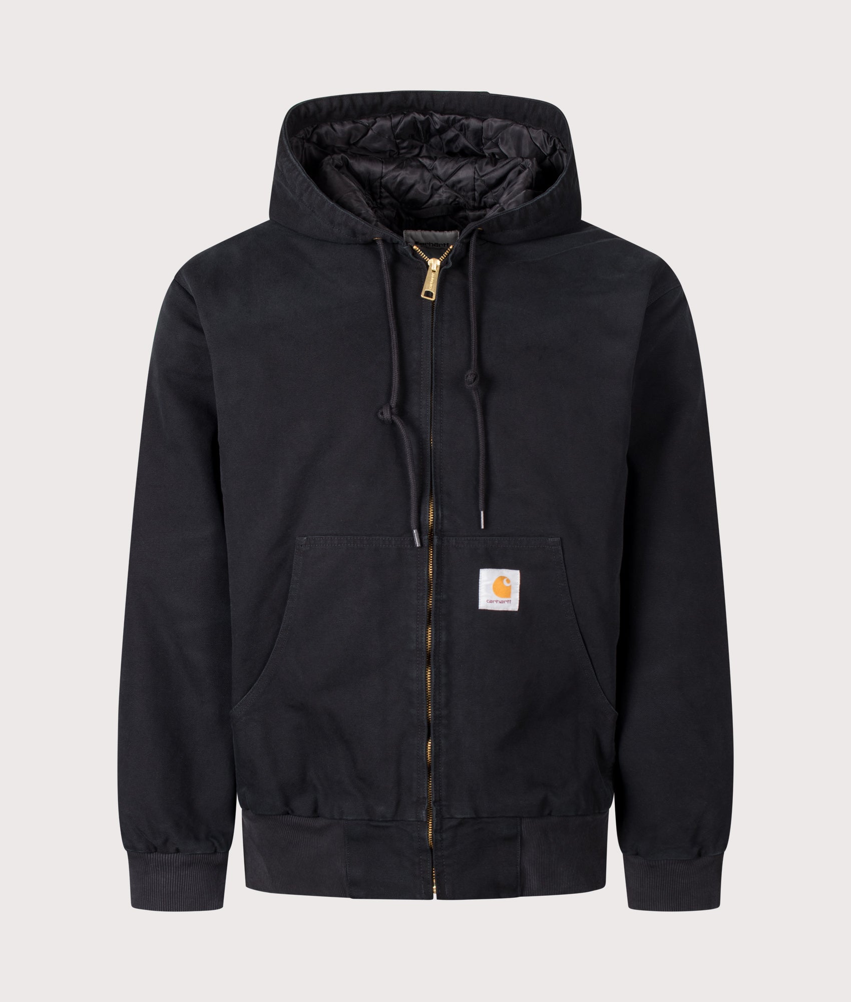 Carhartt WIP Loose Fit OG Active Jacket in Black Stone Canvas at EQVVS Menswear. Front shot.