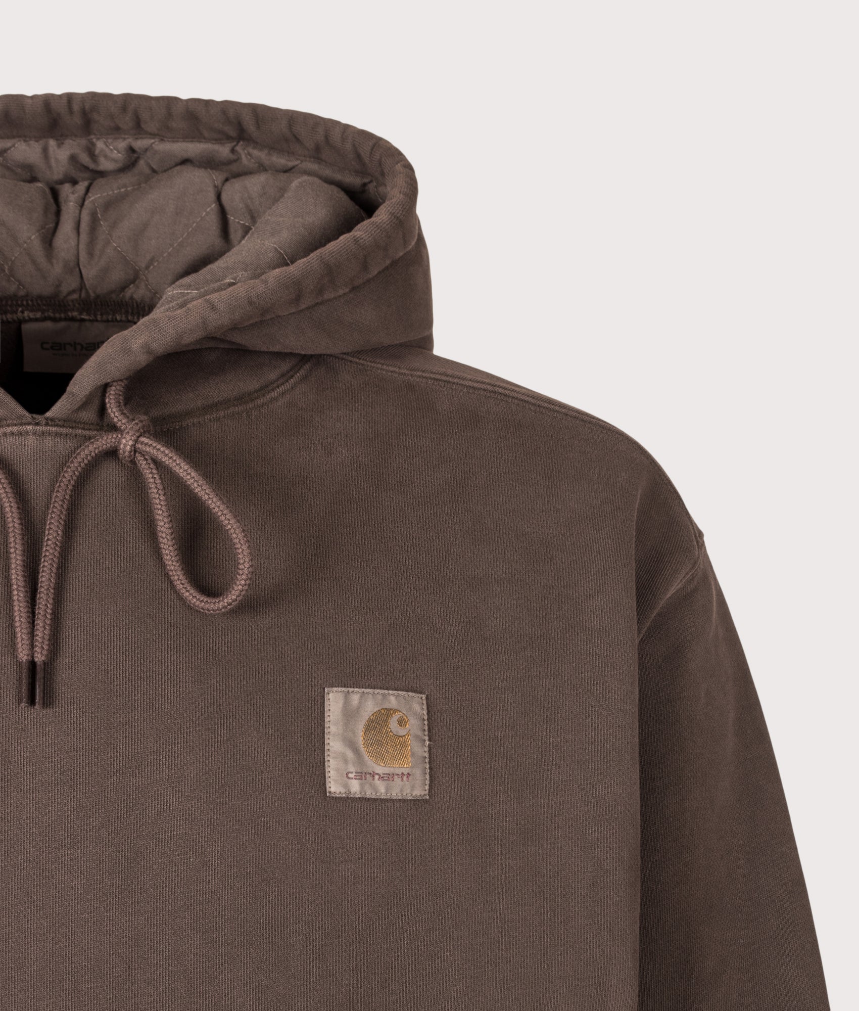 Carhartt WIP Balloon Fit Vista Hoodie in Tobacco at EQVVS Menswear. Detail shot.