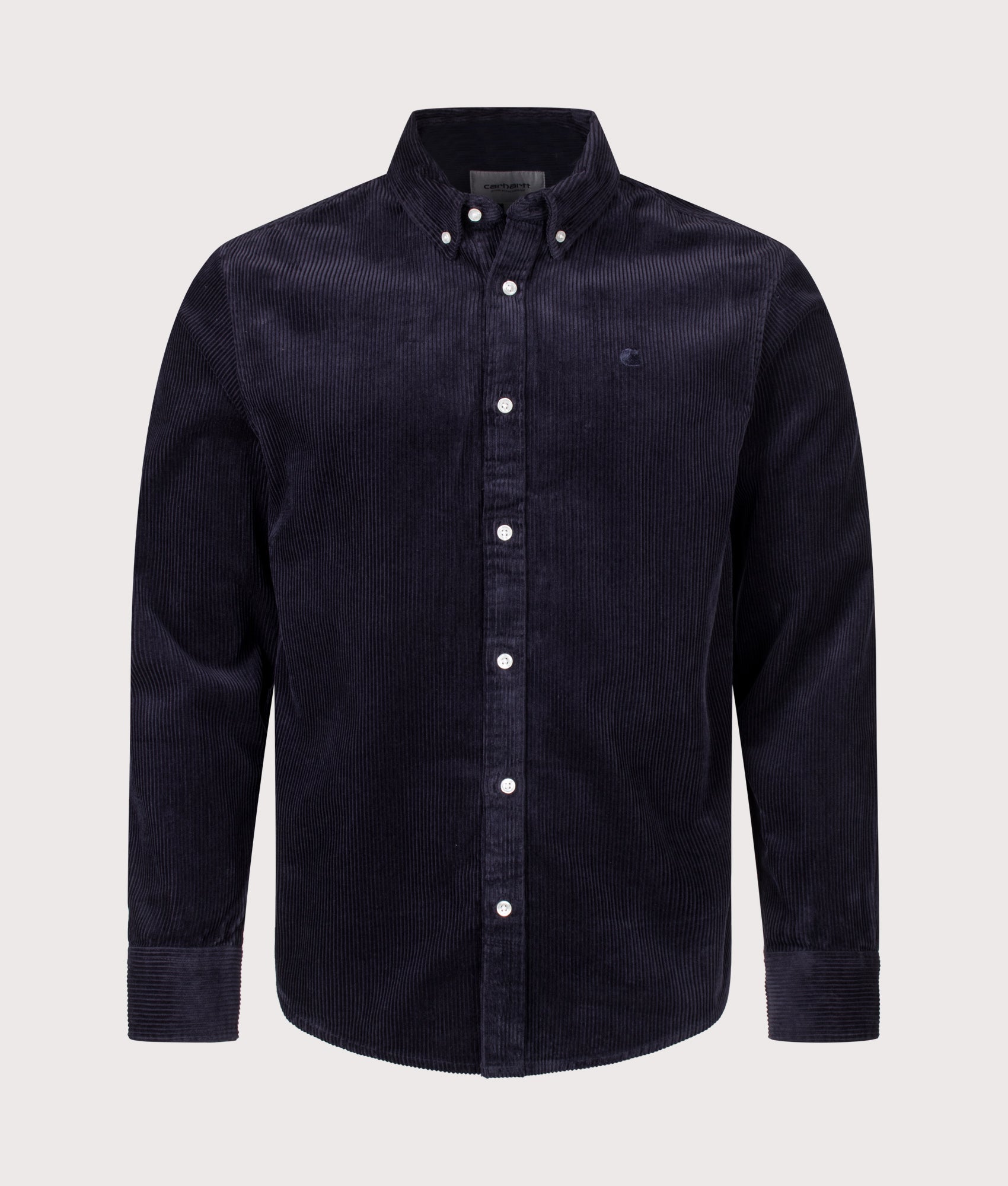 Carhartt WIP Regular Fit Madison Cord Shirt in Dark Navy at EQVVS Menswear. Front shot.