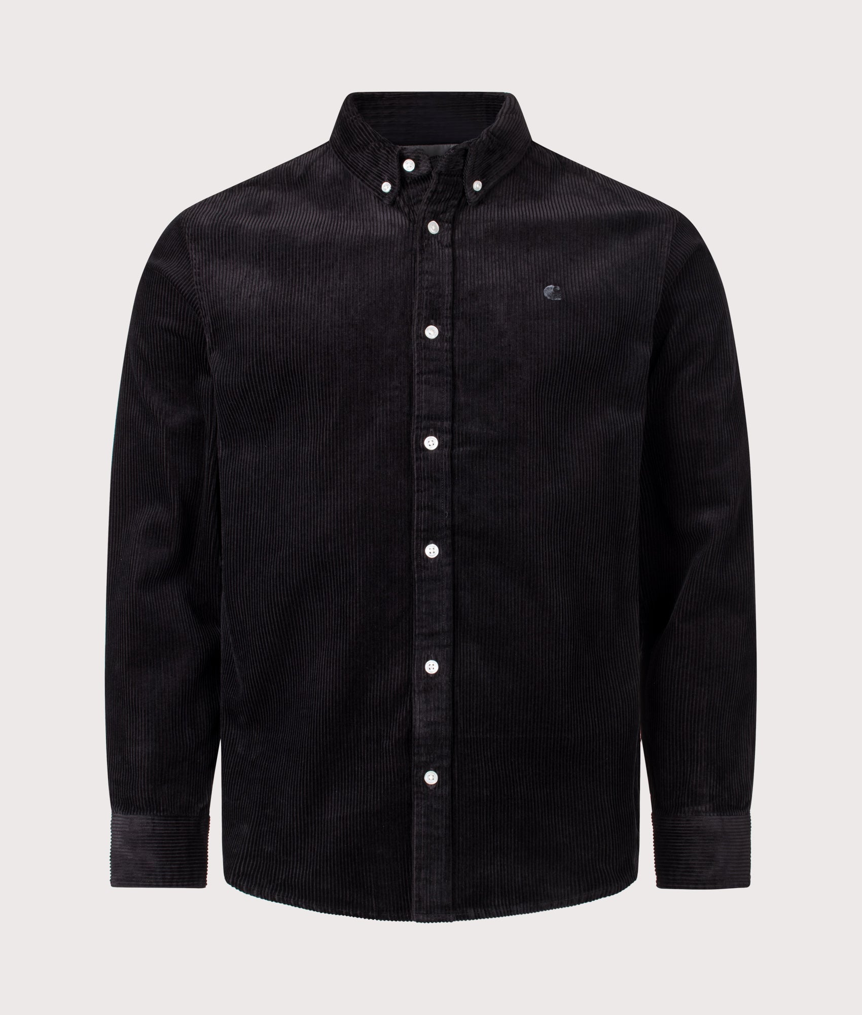 Carhartt WIP Regular Fit Madison Cord Shirt in Soot at EQVVS Menswear. Front shot.