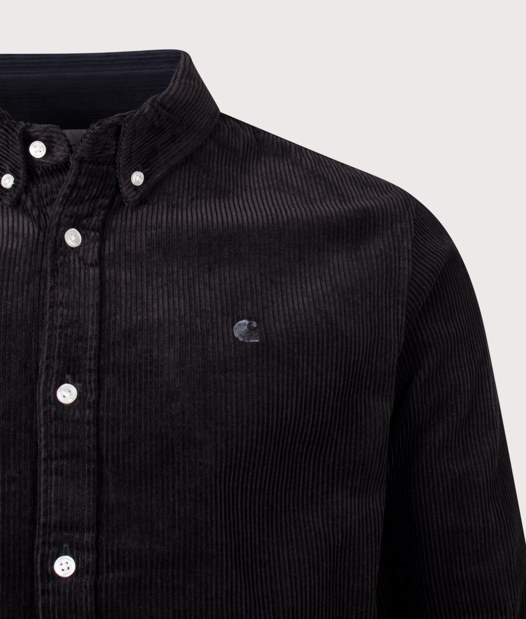 Carhartt WIP Regular Fit Madison Cord Shirt in Soot at EQVVS Menswear. Detail shot.