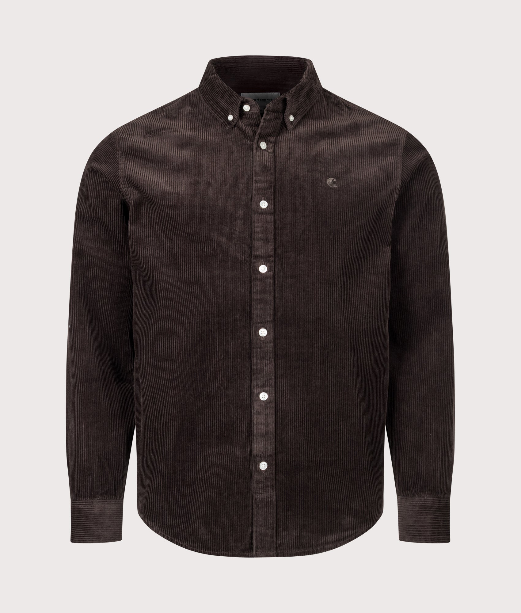 Carhartt WIP Regular Fit Madison Cord Shirt in Tobacco at EQVVS Menswear. Front shot.