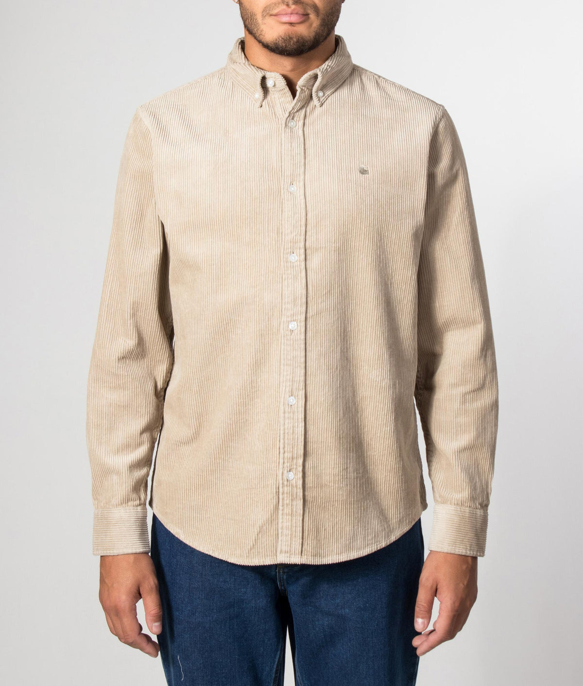 Carhartt WIP Regular Fit Madison Cord Shirt in Wall at EQVVS Menswear. Model front shot.
