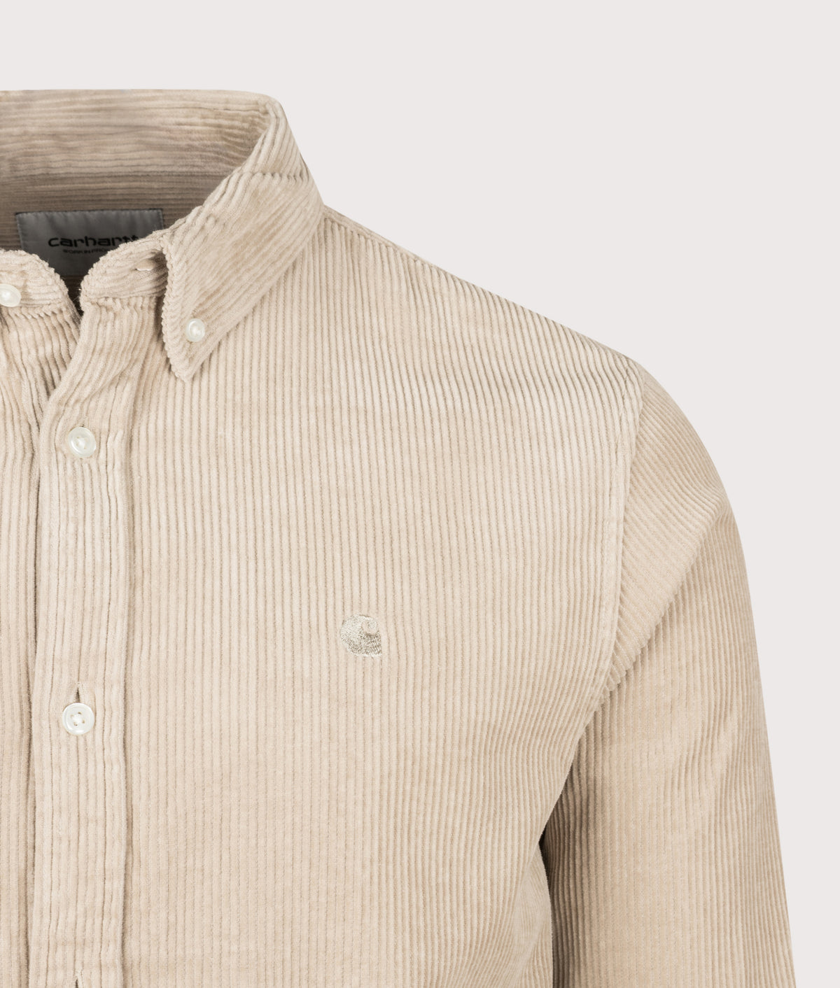 Carhartt WIP Regular Fit Madison Cord Shirt in Wall at EQVVS Menswear. Detail shot.