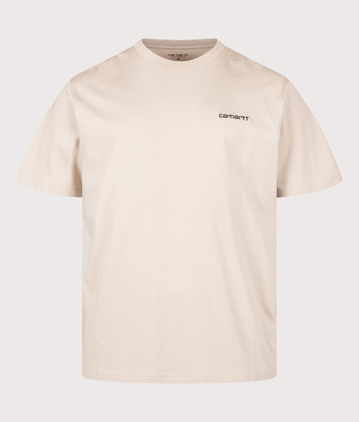 Carhartt WIP Loose Fit Script Embroidery T-Shirt in Fleur De Sel and Black at EQVVS Menswear. Front shot.
