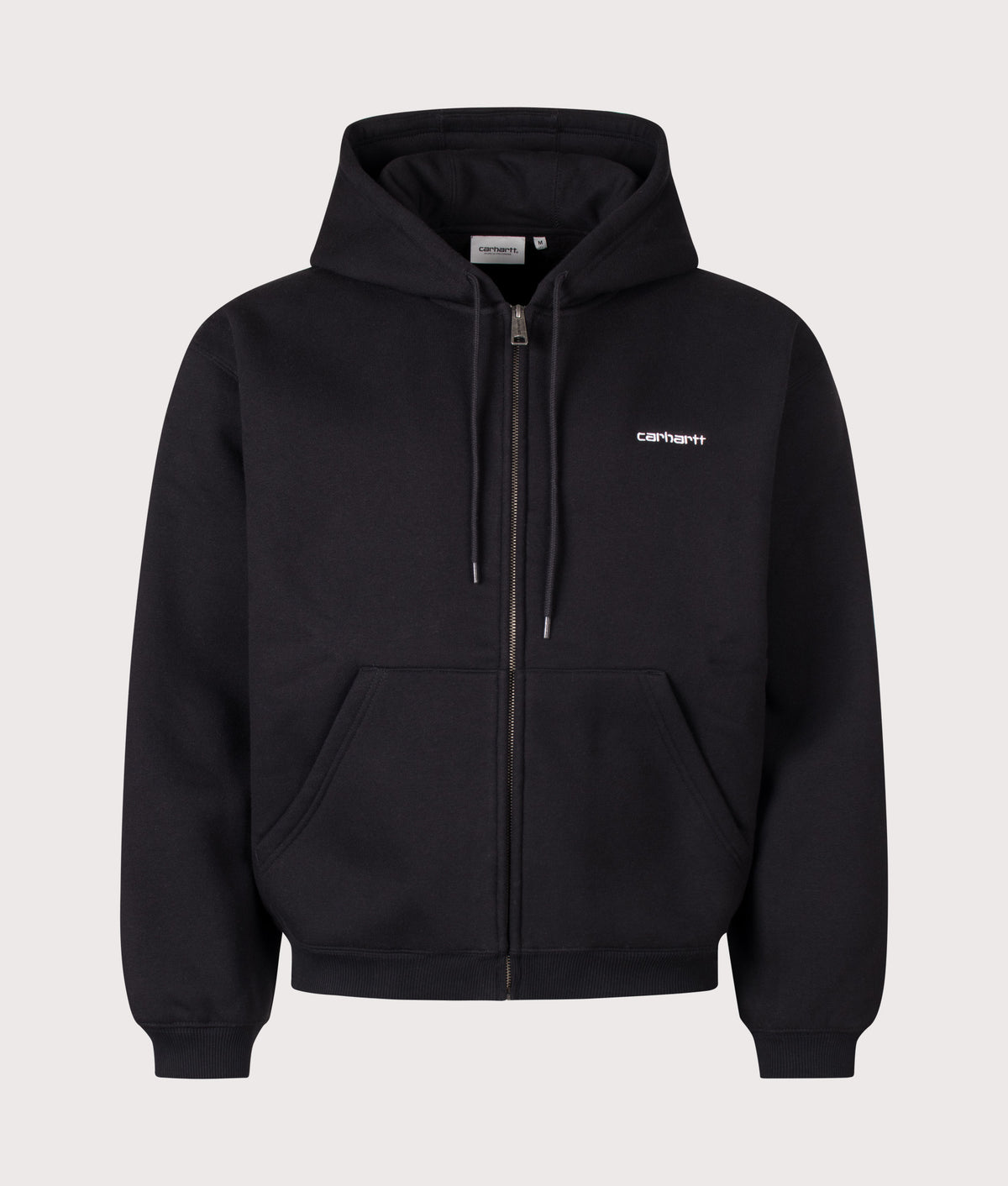 Carhartt WIP Loose Fit Ebbert Zip Through Hoodie in Black/White at EQVVS Menswear. Front shot.