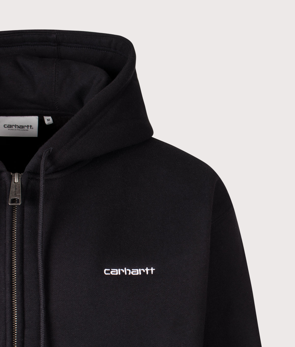 Carhartt WIP Loose Fit Ebbert Zip Through Hoodie in Black/White at EQVVS Menswear. Detail shot.