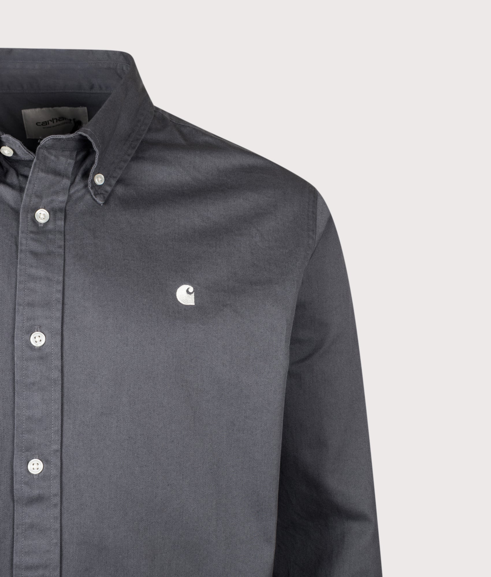 Carhartt WIP Loose Fit OG Madison Shirt in Styx at EQVVS Menswear. Detail shot.
