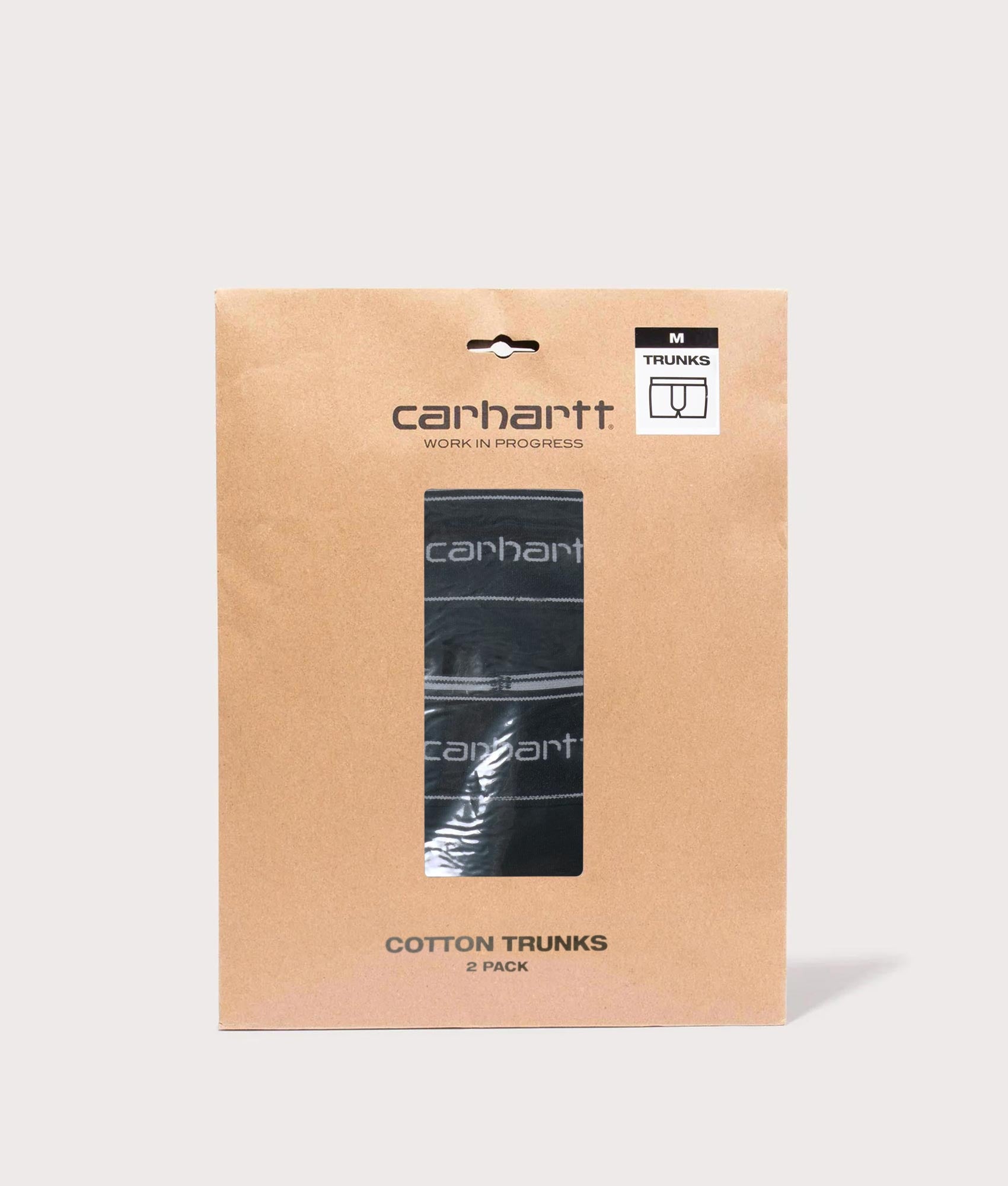 Carhartt WIP 2 Pack Cotton Trunks in Black at EQVVS Menswear. Pack shot.