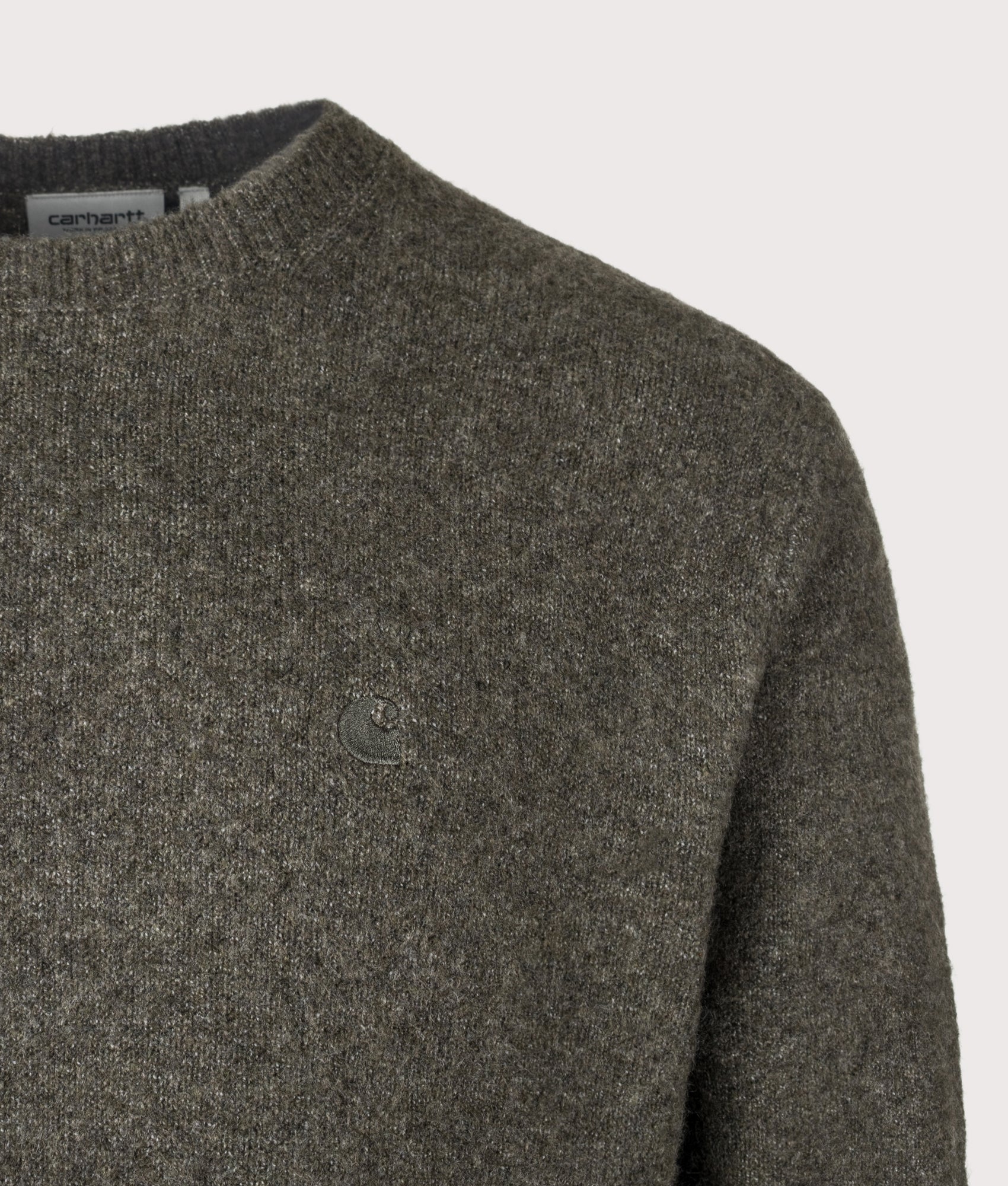 Carhartt WIP Regular Fit Curtis Jumper in Tangled Shungite at EQVVS Menswear. Detail shot.