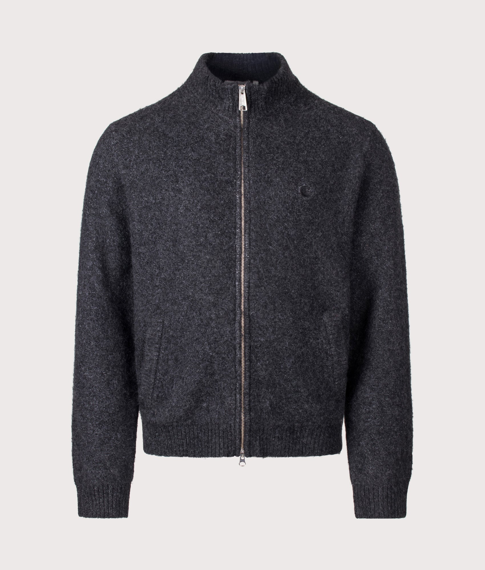 Carhartt WIP Regular Fit Curtis Knitted Jacket in Tangled Black at EQVVS Menswear. Front shot.