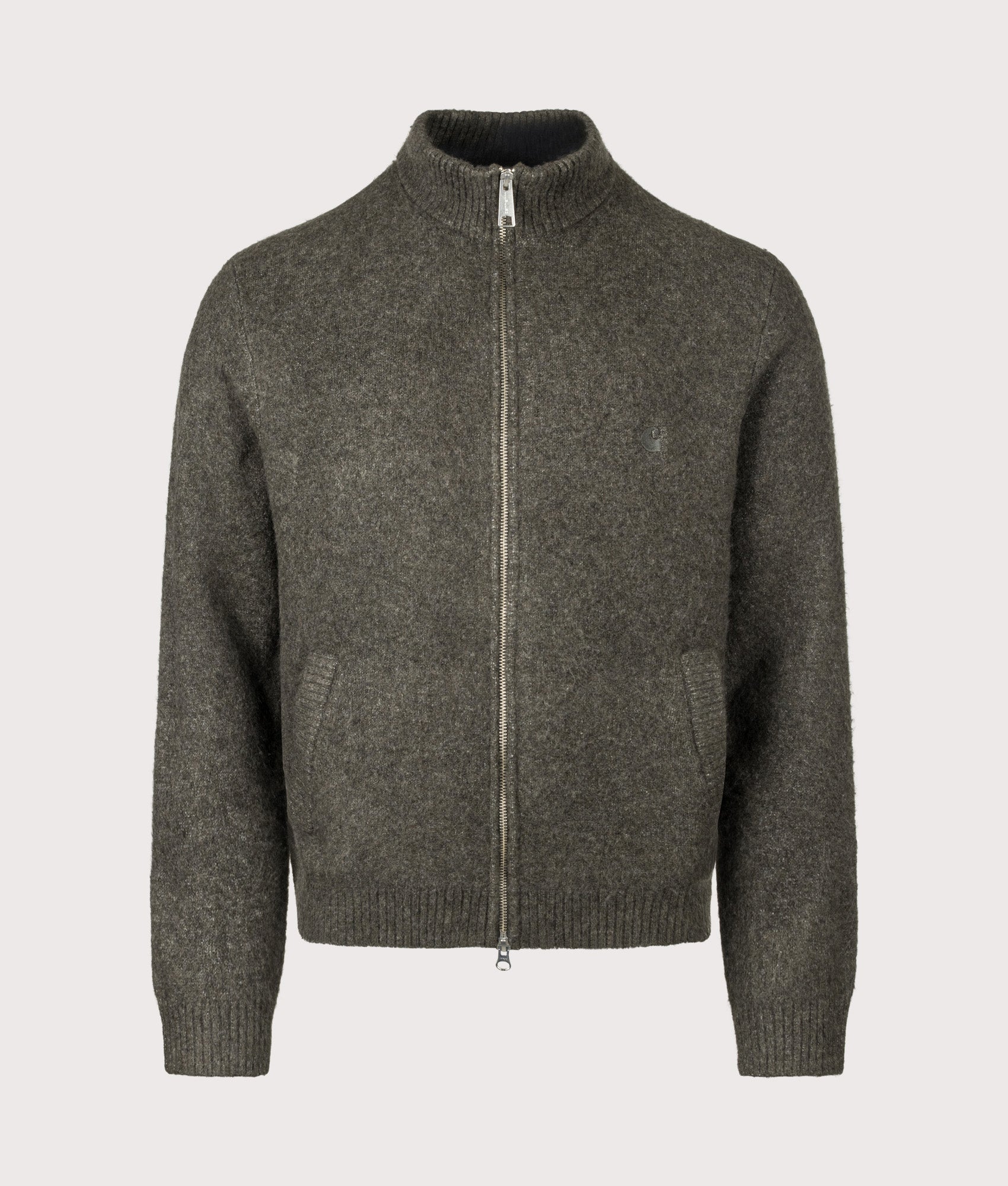 Carhartt WIP Regular Fit Curtis Knitted Jacket in Tangled Shungite at EQVVS Menswear. Front shot.