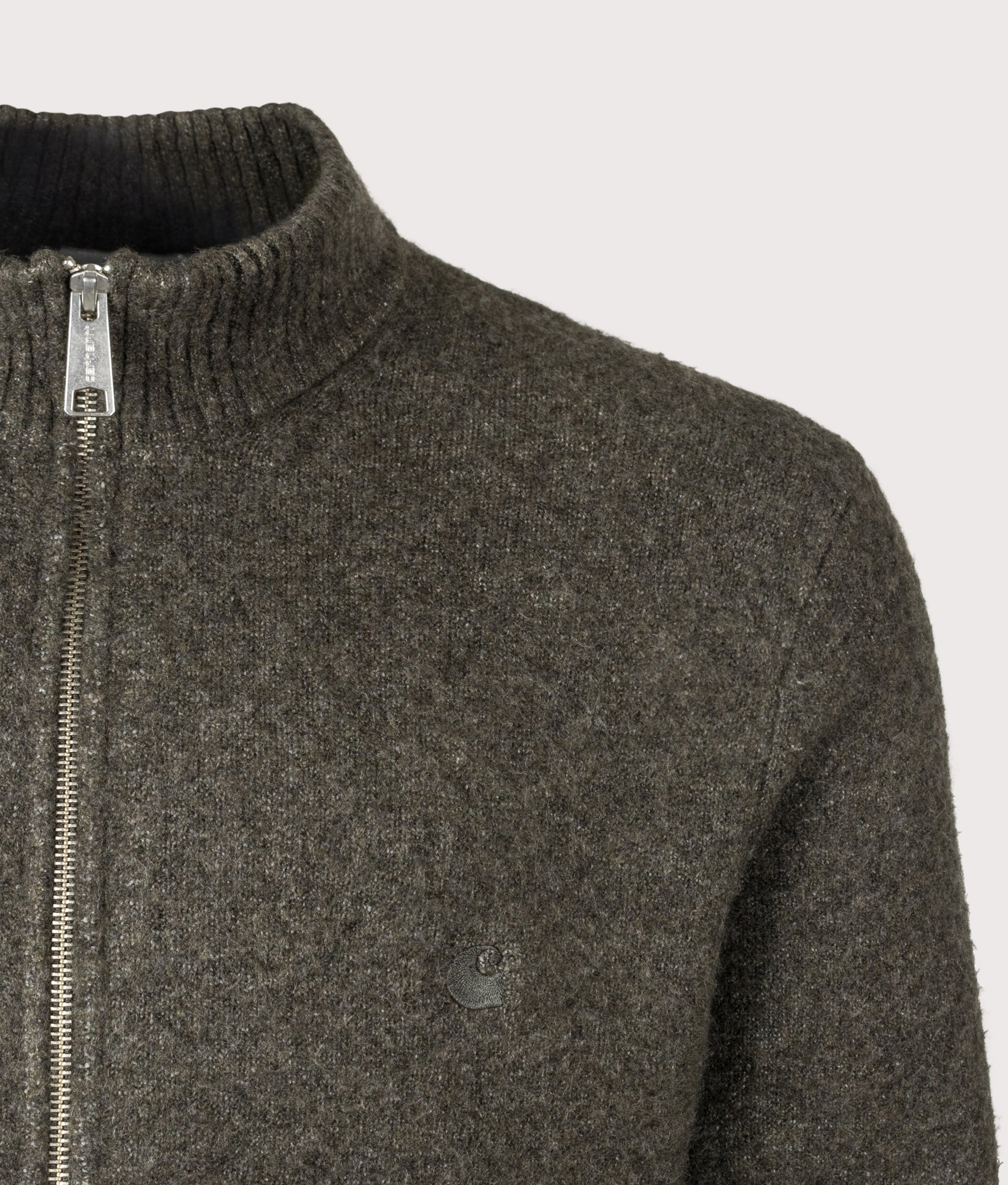 Carhartt WIP Regular Fit Curtis Knitted Jacket in Tangled Shungite at EQVVS Menswear. Detail shot.