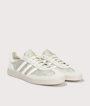 ADIDAS ORIGINALS Handball Spezial Trainers in Supcol, Off White and Orbit Grey at EQVVS Menswear. Angled front shot.