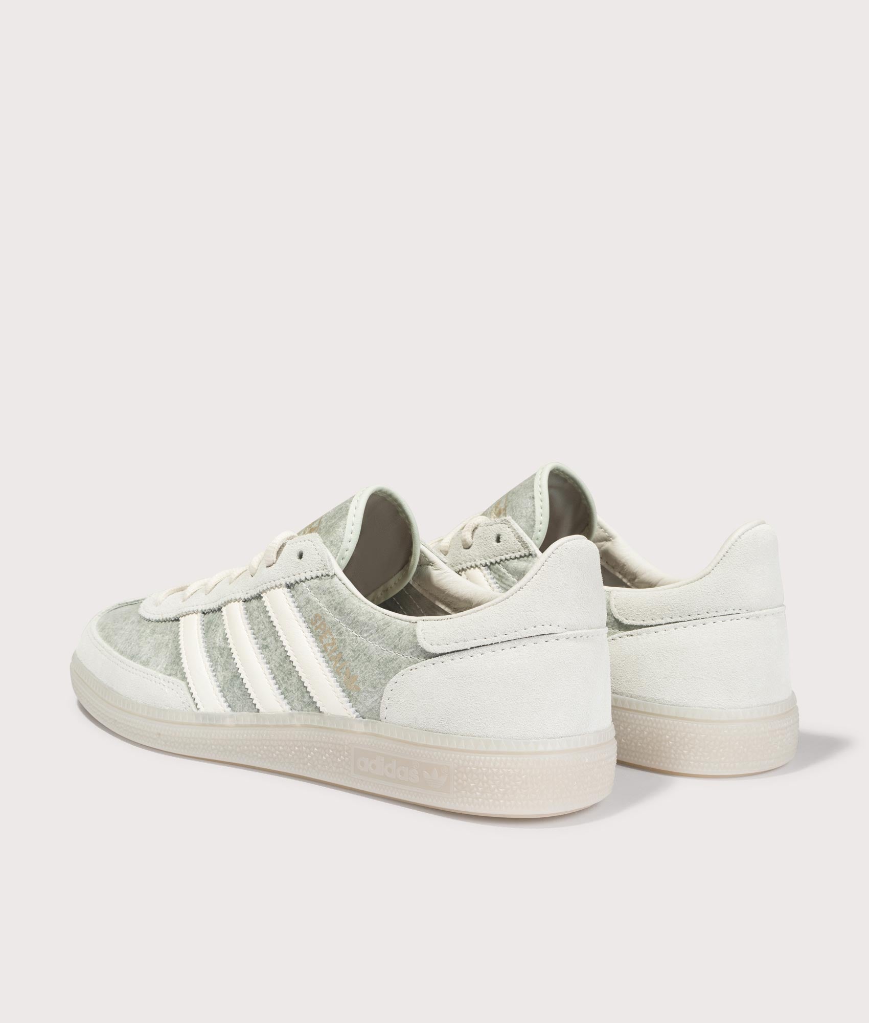 ADIDAS ORIGINALS Handball Spezial Trainers in Supcol, Off White and Orbit Grey at EQVVS Menswear. Angled back shot.