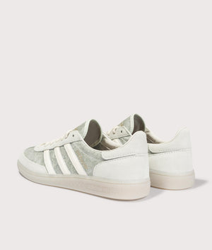 ADIDAS ORIGINALS Handball Spezial Trainers in Supcol, Off White and Orbit Grey at EQVVS Menswear. Angled back shot.