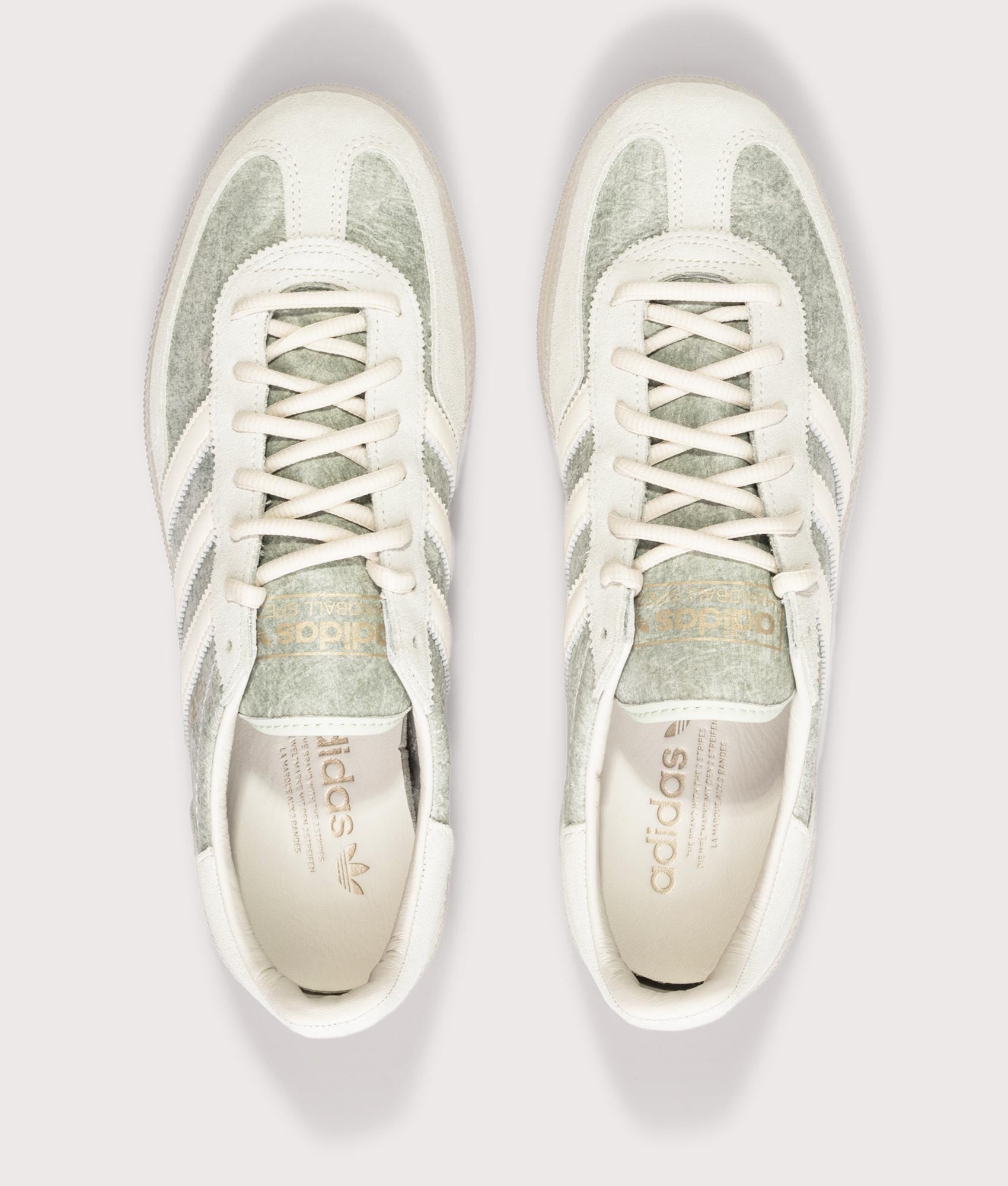 ADIDAS ORIGINALS Handball Spezial Trainers in Supcol, Off White and Orbit Grey at EQVVS Menswear. Above shot.