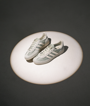 ADIDAS ORIGINALS Handball Spezial Trainers in Supcol, Off White and Orbit Grey at EQVVS Menswear. Campaign shot.