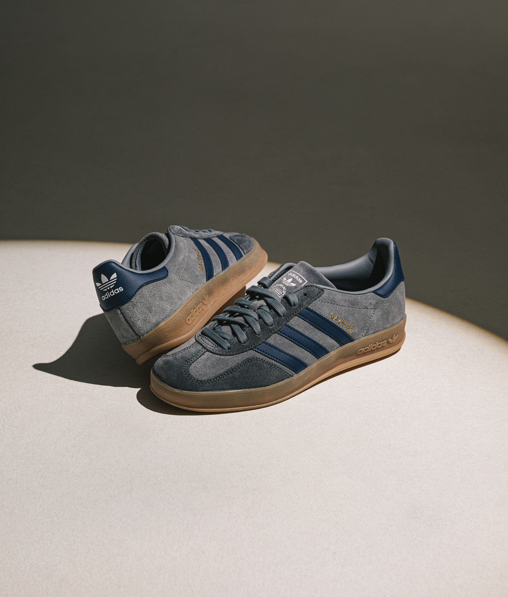 Gazelle Indoor Trainers in Grey/Night Indigo/Grey Five | adidas Originals | EQVVS | Campaign shot.