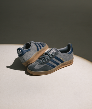 Gazelle Indoor Trainers in Grey/Night Indigo/Grey Five | adidas Originals | EQVVS | Campaign shot.