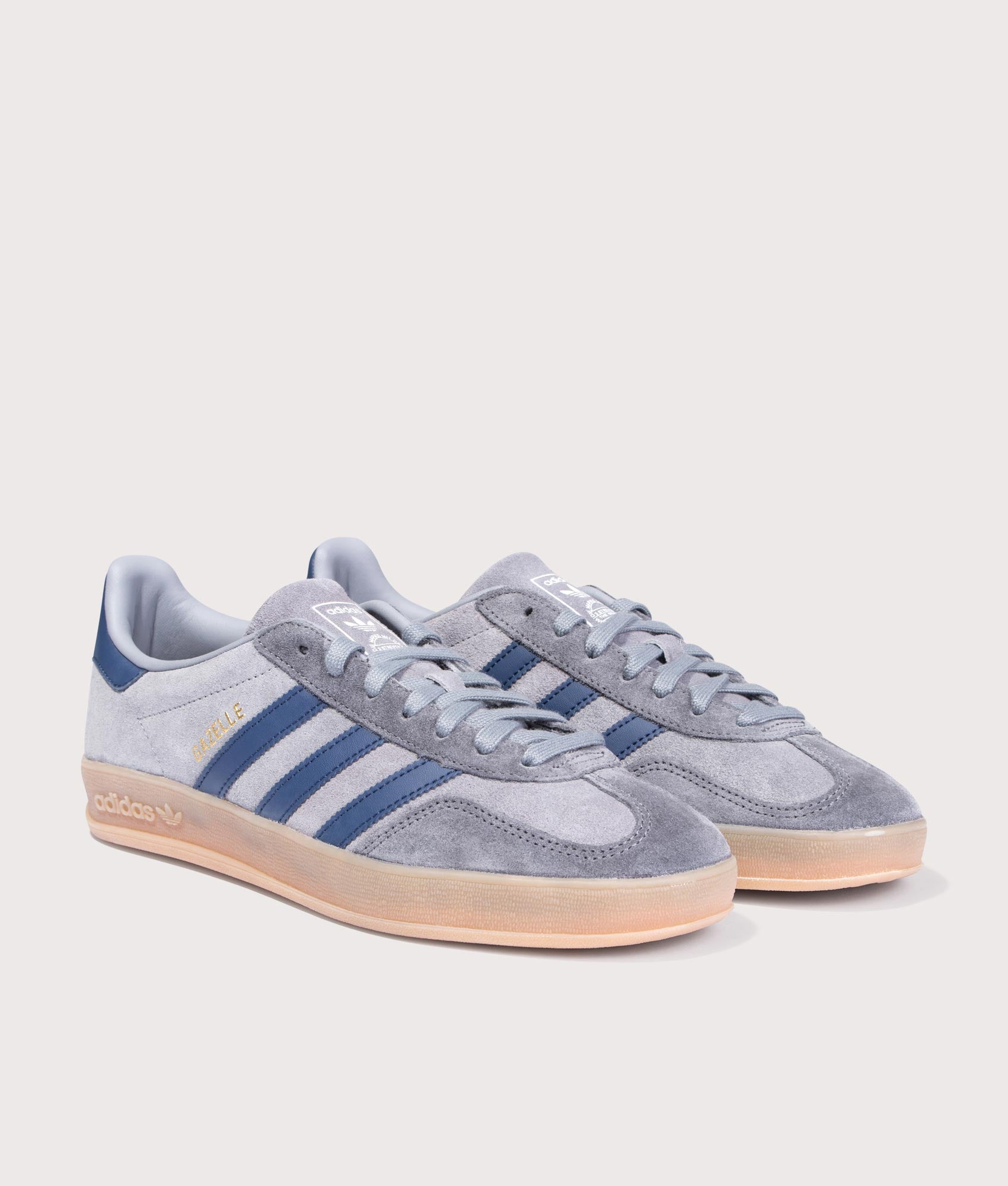 Gazelle Indoor Trainers in Grey/Night Indigo/Grey Five | adidas Originals | EQVVS | Front angle shot 