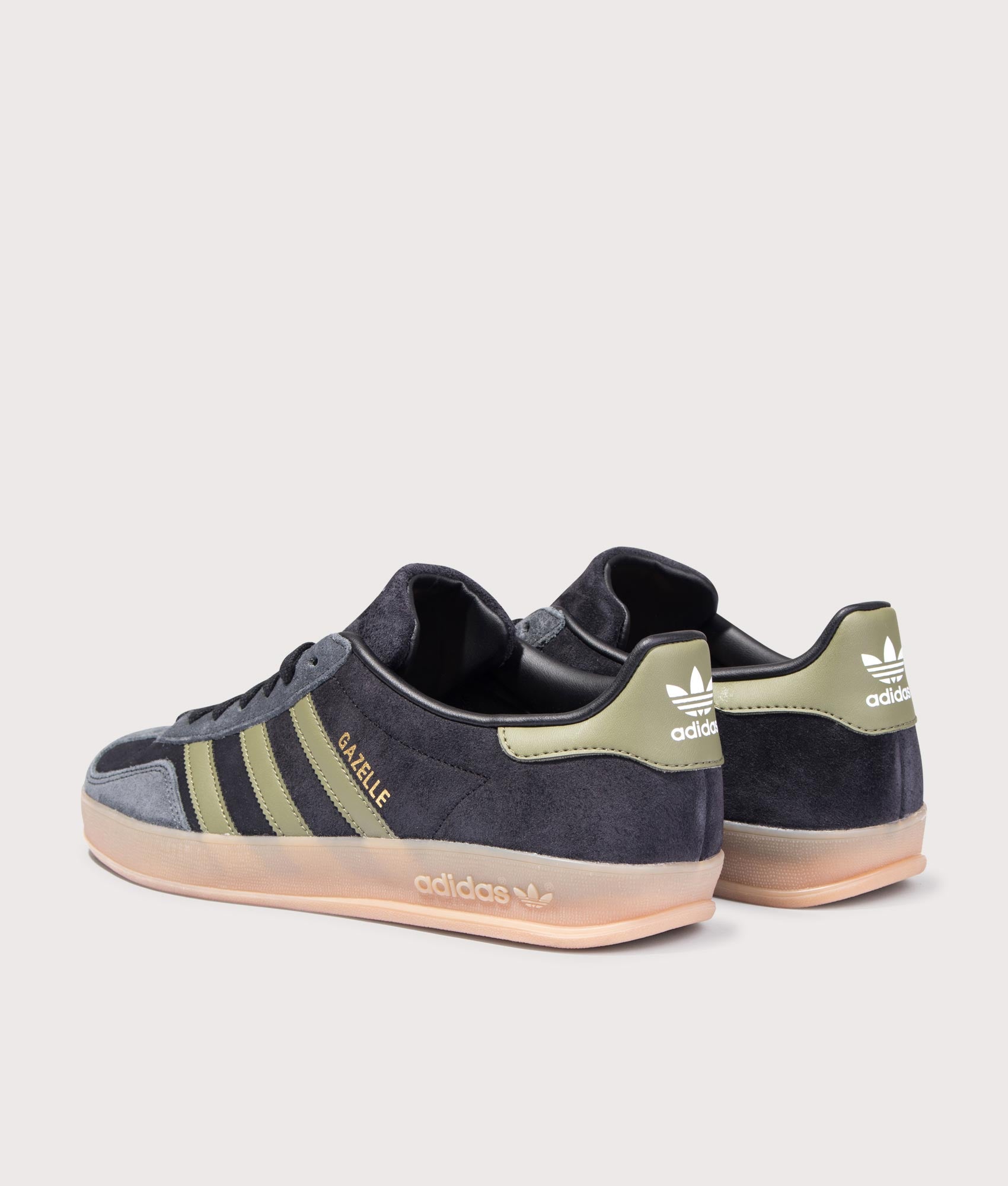 Gazelle Indoor Trainers in Core Black/Focus Olive/Carbon | adidas Original | EQVVS | Back angle shot 