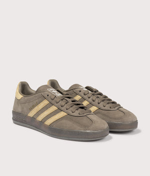 Gazelle Indoor Trainers in Carbon Brown/Gold Beige/Footwear White | adidas Originals | EQVVS | Front detail shot 