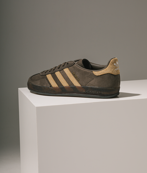 Gazelle Indoor Trainers in Carbon Brown/Gold Beige/Footwear White | adidas Originals | EQVVS | Campaign shot.