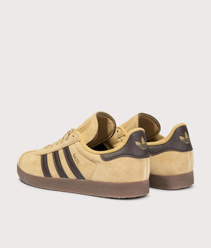 Gazelle Trainers in Gold Beige/Dark Brown/Gold Metallic | adidas Original | EQVVS | Back angle shot 