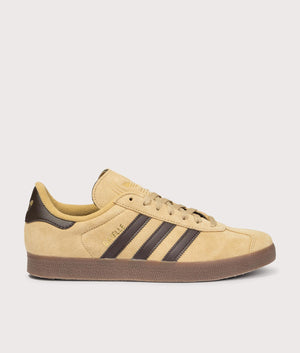 Gazelle Trainers in Gold Beige/Dark Brown/Gold Metallic | adidas Original | EQVVS | Front shot 