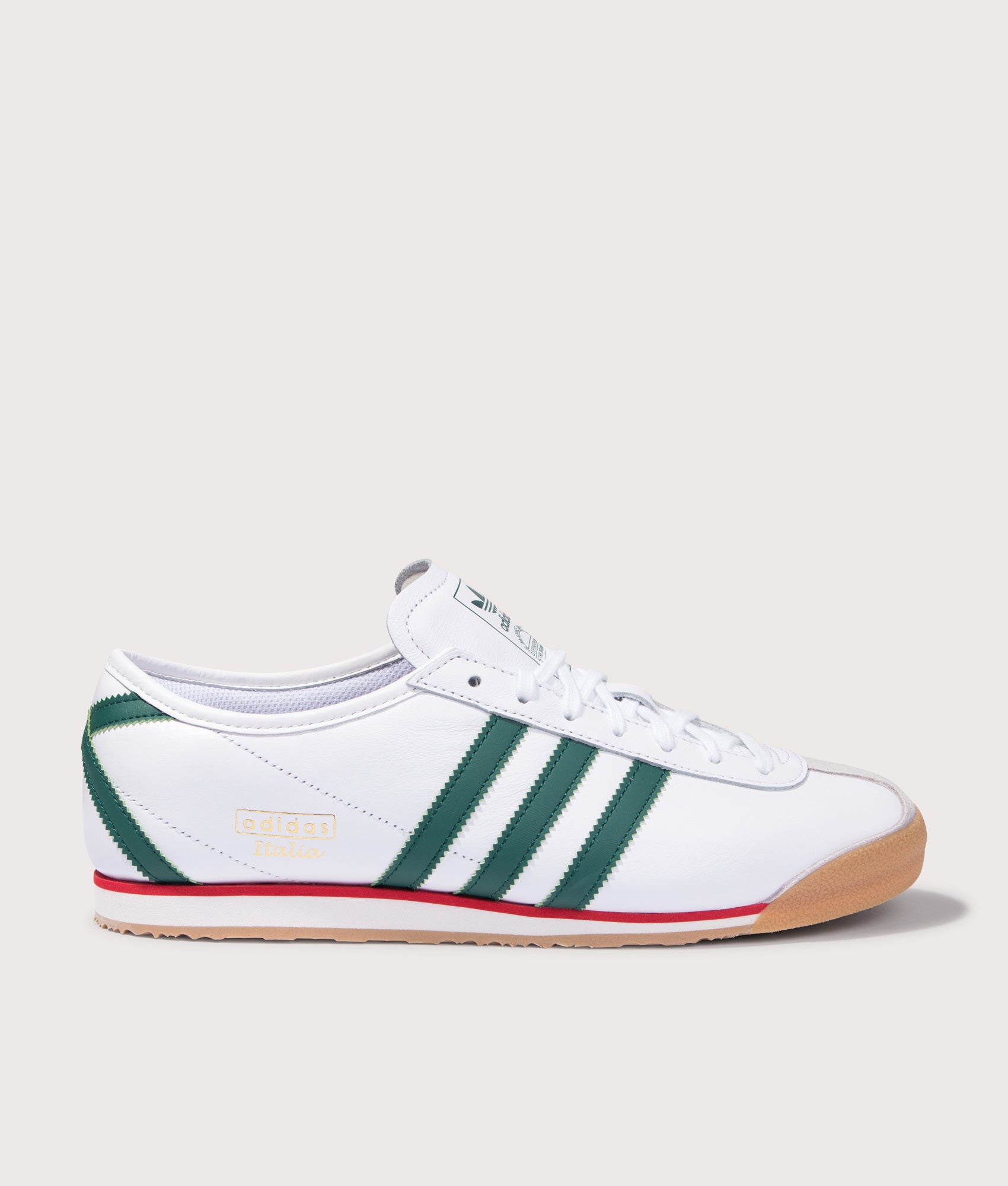 adidas Original Italia 70s Trainers in Cloud White, Collegiate Green and Gum 3 at EQVVS Menswear. Side shot.