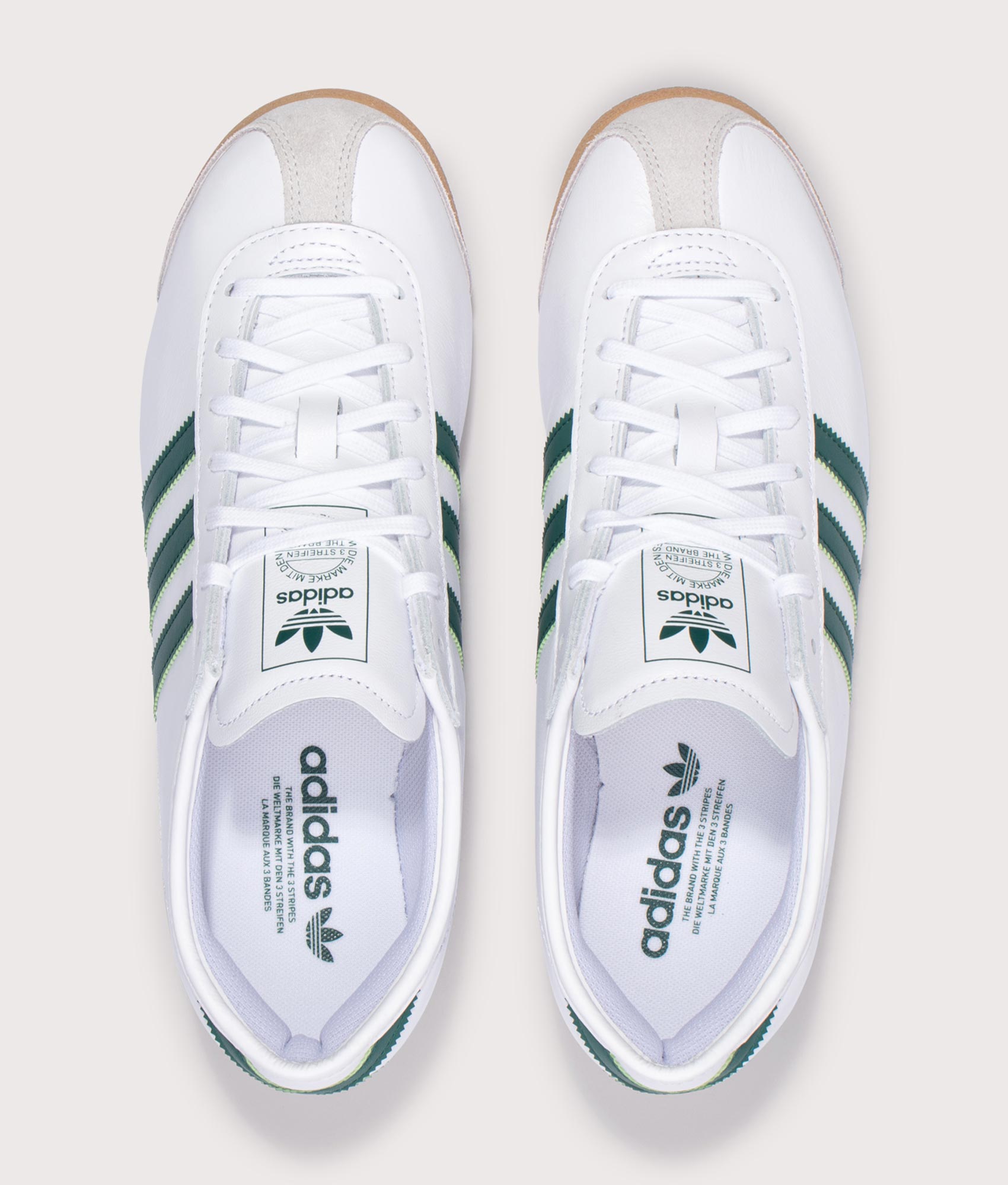 adidas Original Italia 70s Trainers in Cloud White, Collegiate Green and Gum 3 at EQVVS Menswear. Top shot.