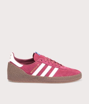 Adidas Montreal 76 Trainers in Noble Maroon/Off White/Gum at EQVVS Menswear. Side shot. 