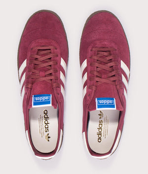 Adidas Montreal 76 Trainers in Noble Maroon/Off White/Gum at EQVVS Menswear. Above shot. 