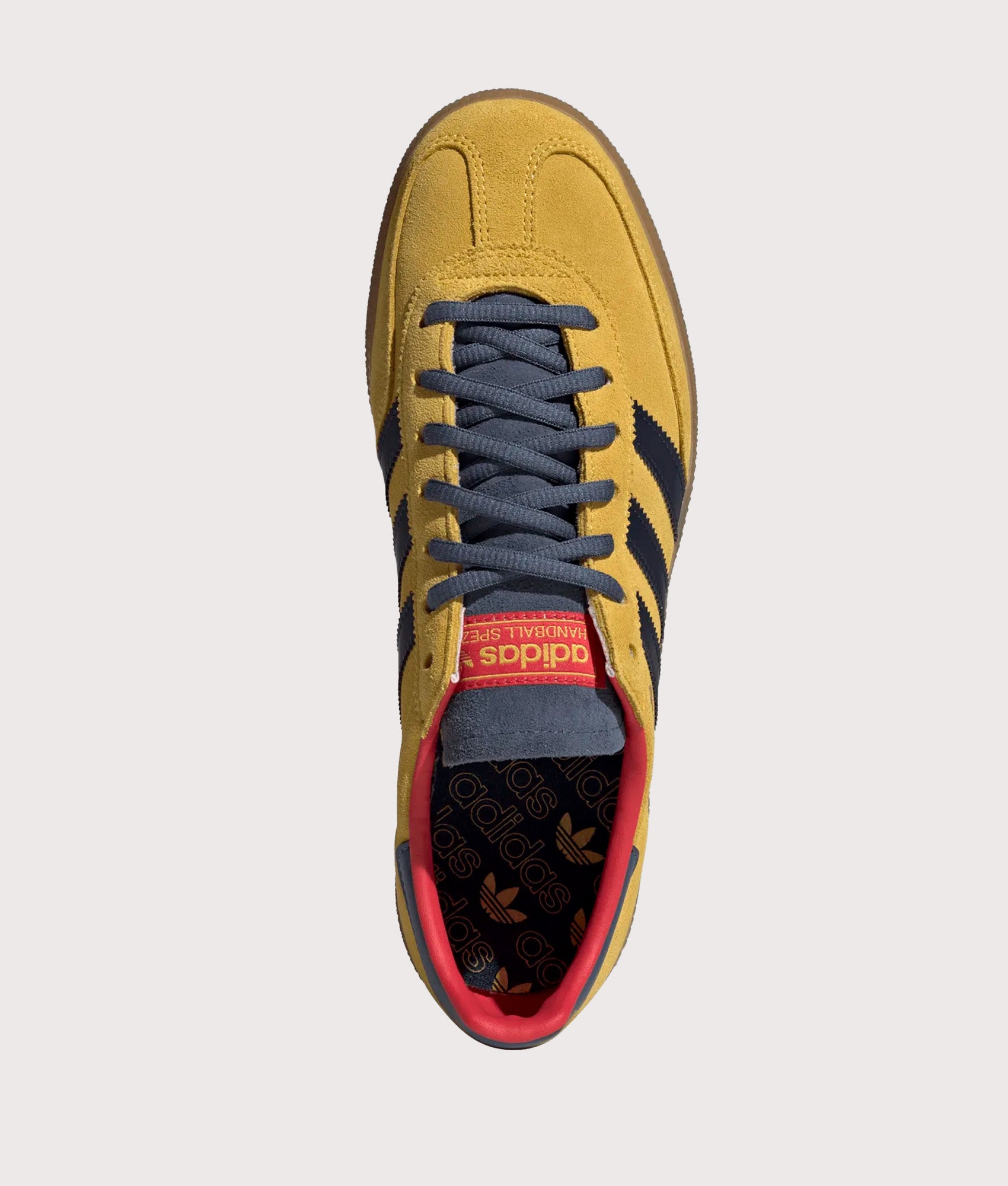 adidas Originals Arsenal FC Handball Spezial Trainers in Hazy yellow, Collegiate Navy and Preloved Ink at EQVVS Menswear.  Top shot.