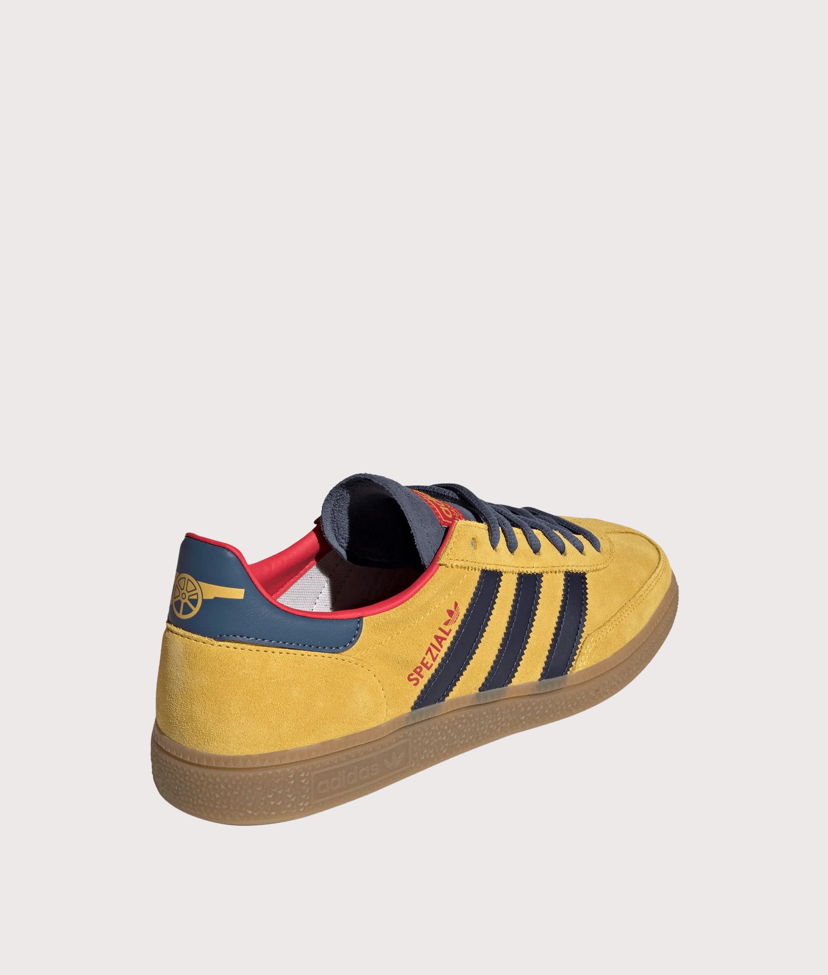 adidas Originals Arsenal FC Handball Spezial Trainers in Hazy yellow, Collegiate Navy and Preloved Ink at EQVVS Menswear.  Back shot.