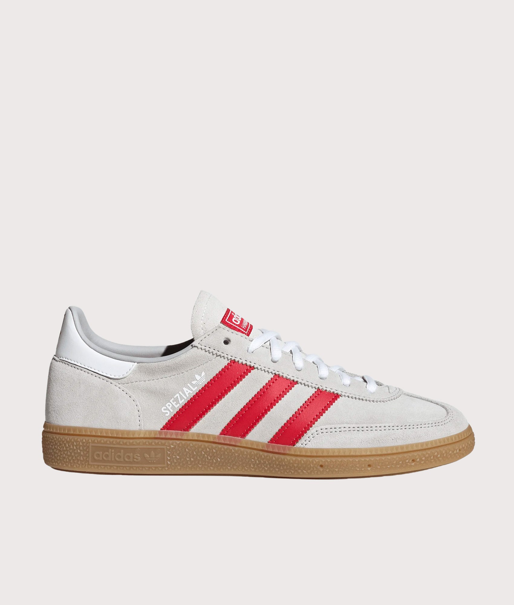 adidas Originals Liverpool FC Handball Spezial Trainers in Grey Two, Strawberry Red and Footwear White at EQVVS Menswear. Side shot.