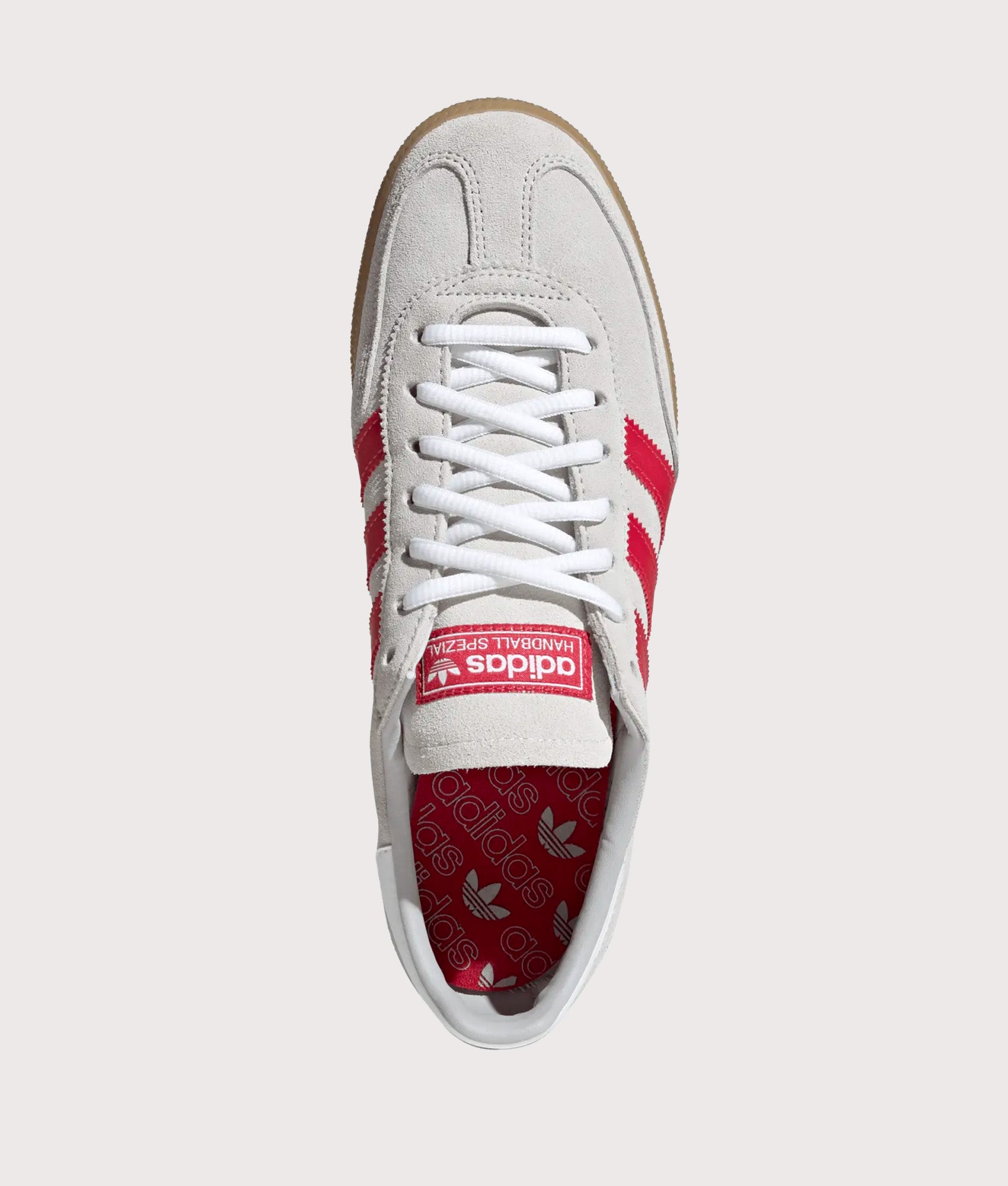 adidas Originals Liverpool FC Handball Spezial Trainers in Grey Two, Strawberry Red and Footwear White at EQVVS Menswear. Top shot.