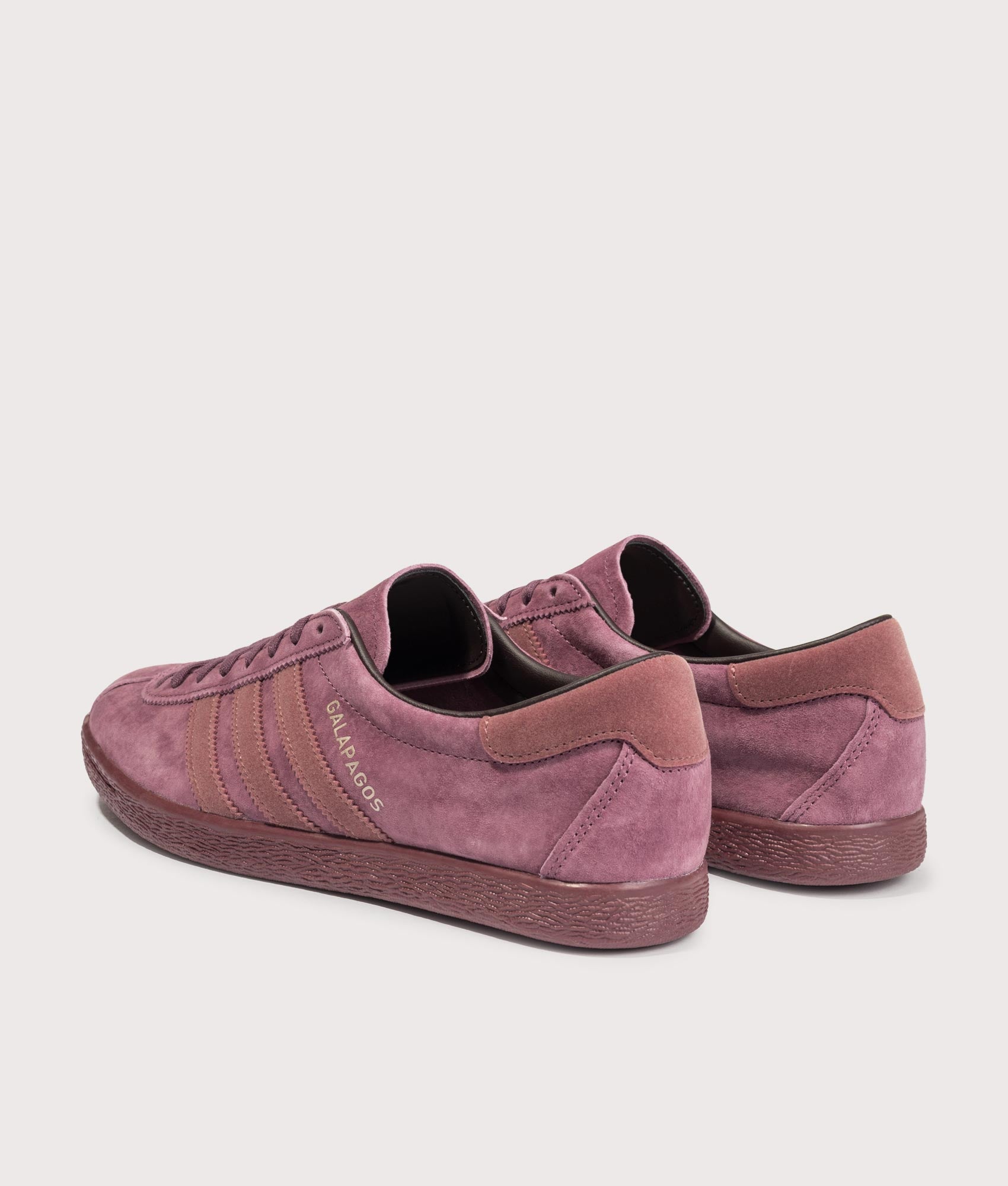 adidas Originals Galapagos Trainers in Burgundy, Wild Sepia and Fox Brown at EQVVS Menswear. Angled back shot.