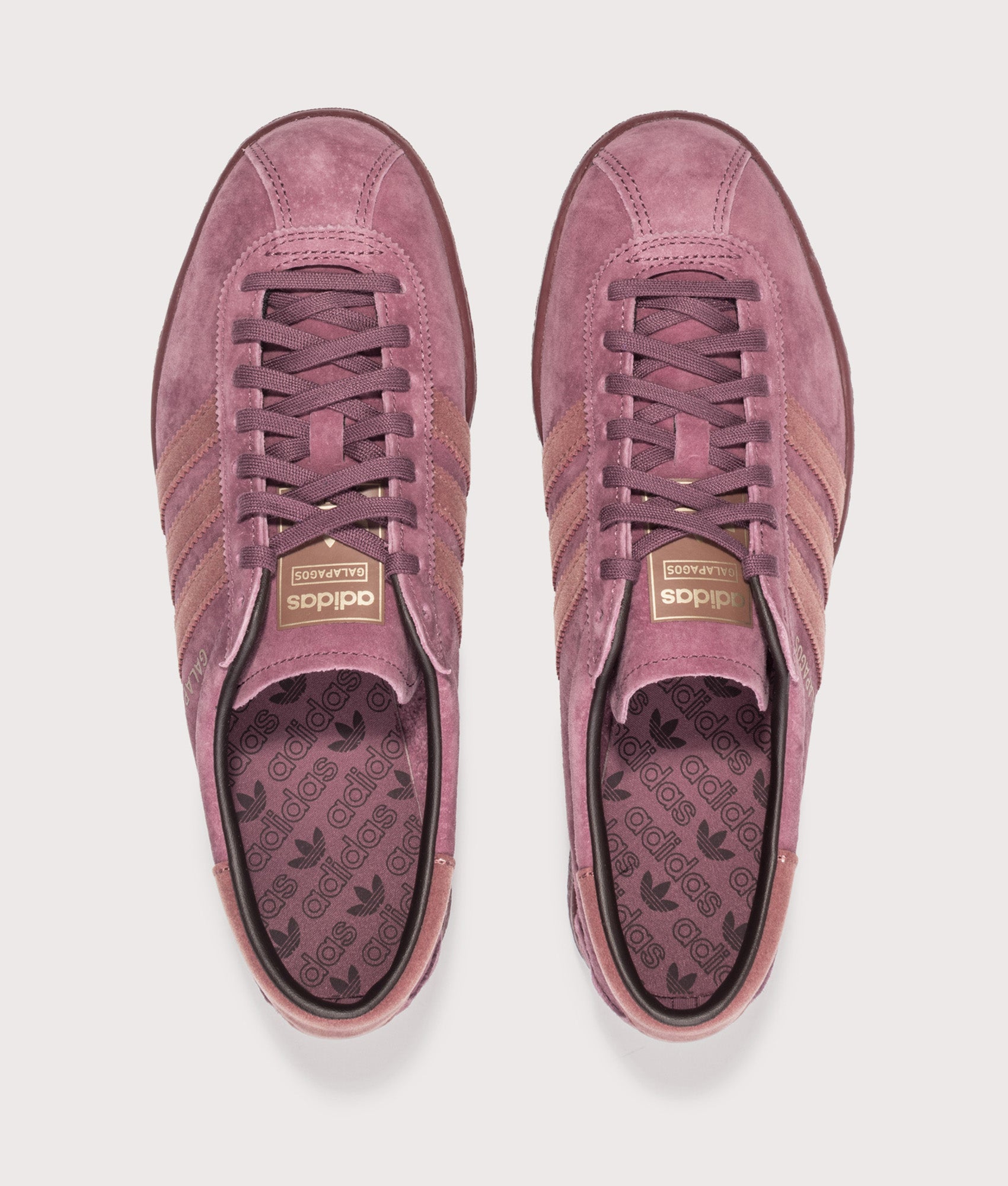 adidas Originals Galapagos Trainers in Burgundy, Wild Sepia and Fox Brown at EQVVS Menswear. Top shot.
