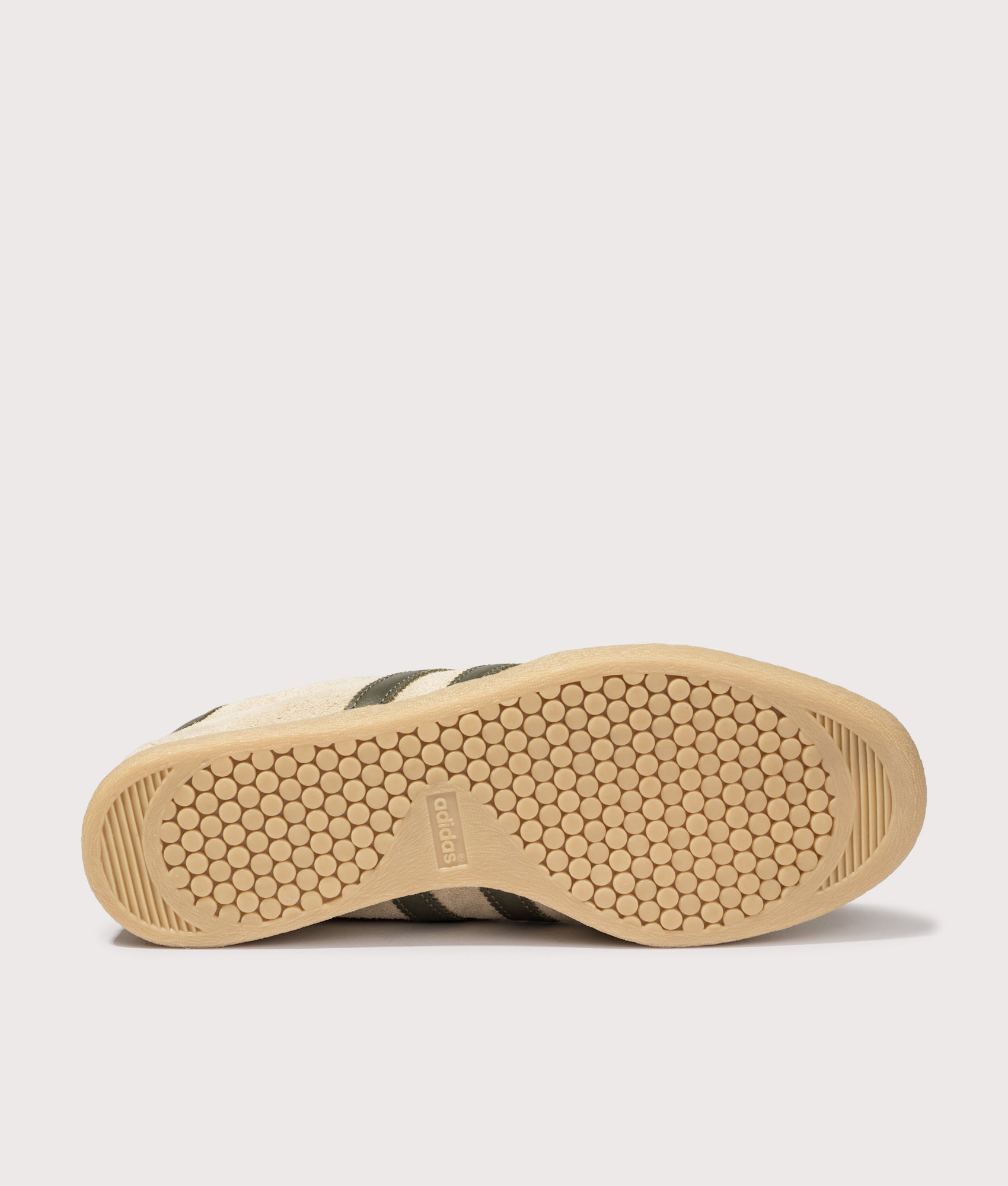 adidas Originals Tobacco Trainers in Magic Beige, Olive Strata and Gum at EQVVS Menswear. Bottom shot.