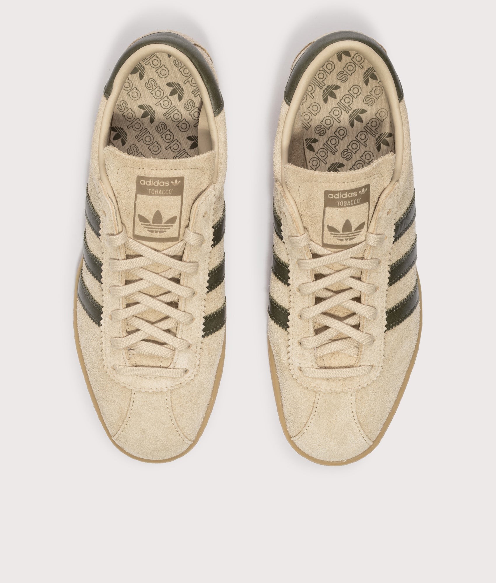 adidas Originals Tobacco Trainers in Magic Beige, Olive Strata and Gum at EQVVS Menswear. Top shot.