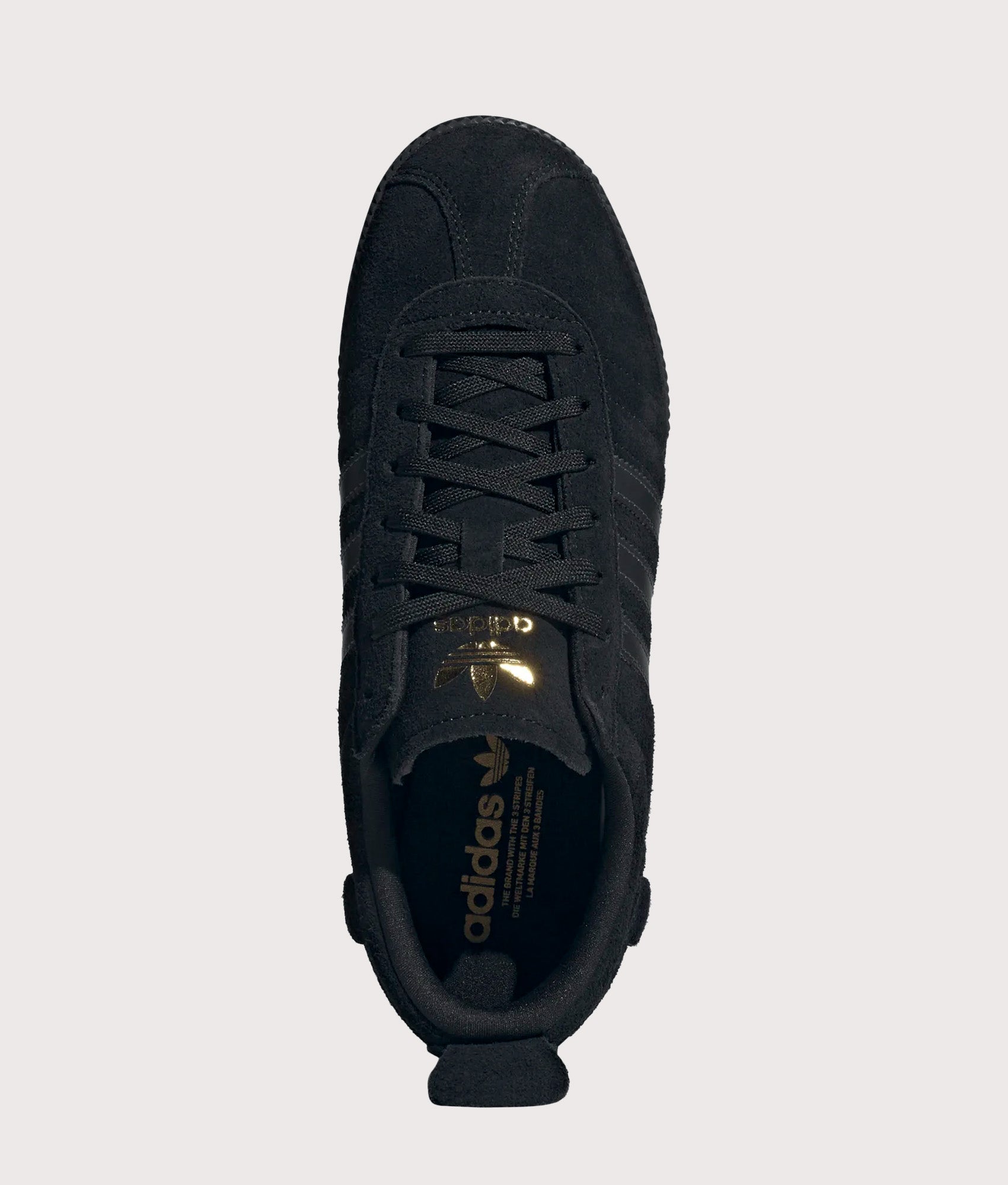 adidas Originals Samba 62 Super Trainers in Core Black and Gold Metallic at EQVVS Menswear. Top shot.