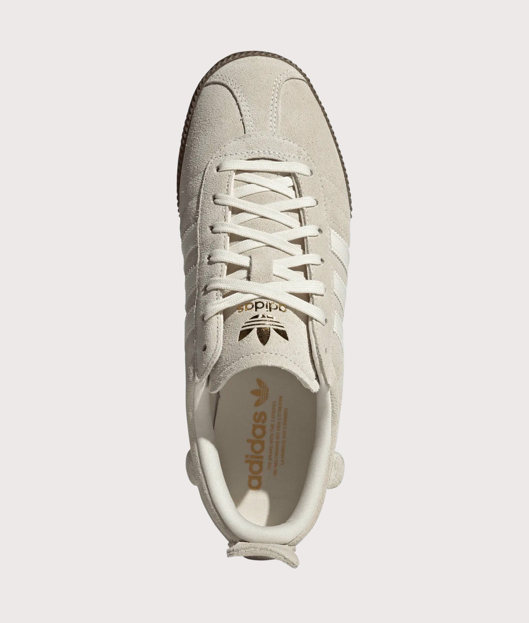 adidas Originals Samba 62 Super Trainers in Off White and Gold Metallic at EQVVS Menswear. Top shot.