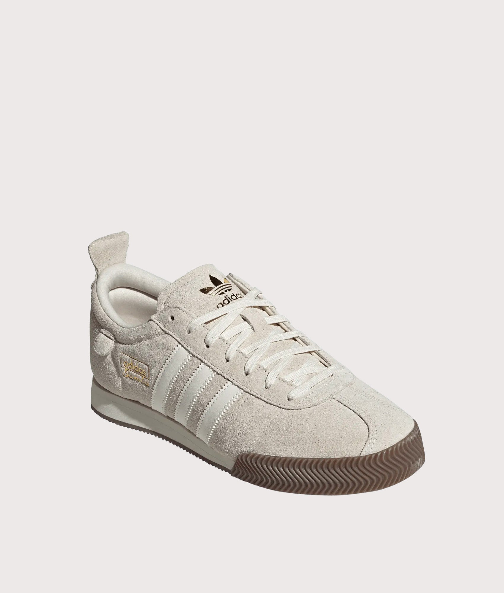 adidas Originals Samba 62 Super Trainers in Off White and Gold Metallic at EQVVS Menswear. Angled front shot.