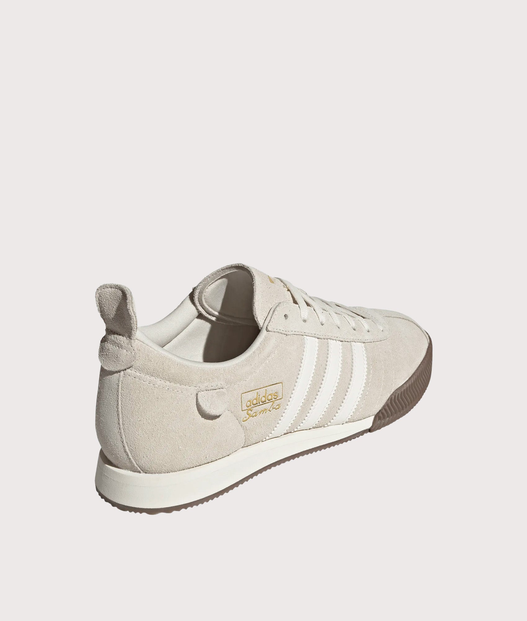 adidas Originals Samba 62 Super Trainers in Off White and Gold Metallic at EQVVS Menswear. Angled back shot.